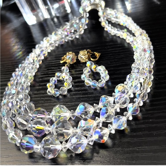Unique Vintage Jewelry - Vintage Aurora Borealis Glass Beaded Three Tiered Choker Style Necklace/Earrings